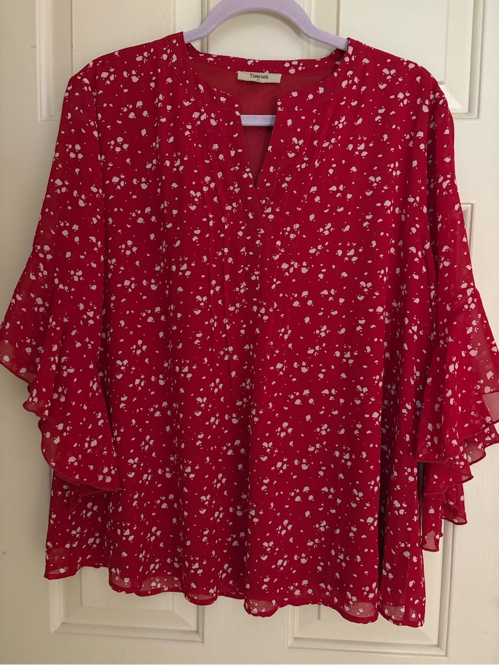 Timeson Size XL Red Blouse with White Print, Flutter Sleeves